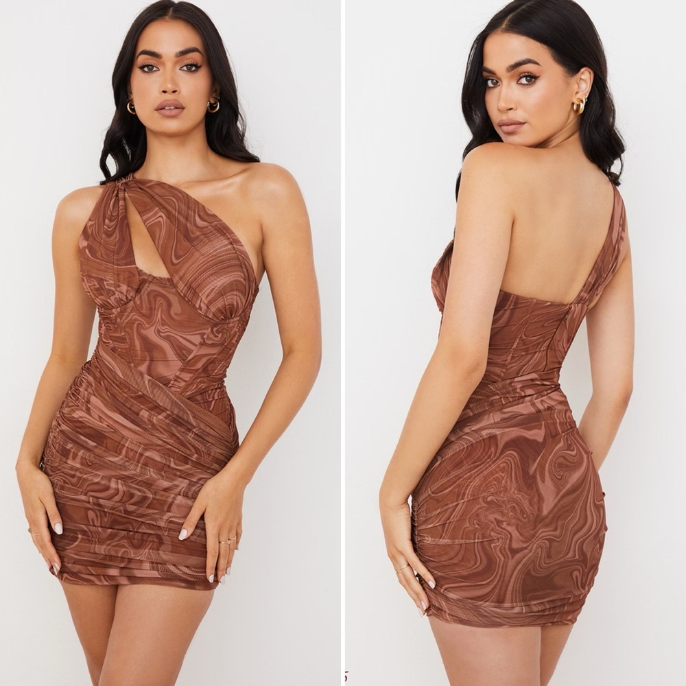 HOUSE OF CB Clementine Cutout Ruched Minidress Swirl Print Size Small CUP SZ D-E